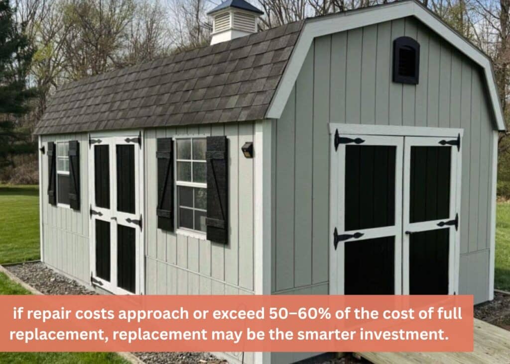 Old storage shed replacement comparison showing when repair costs reach 50–60% of the price of a new backyard shed.