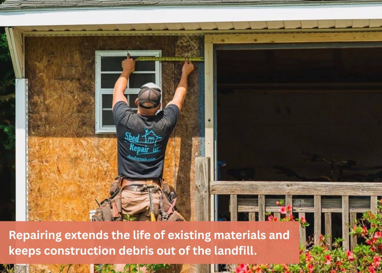 Contractor repairing an old storage shed by replacing damaged siding to extend its lifespan and reduce landfill waste.